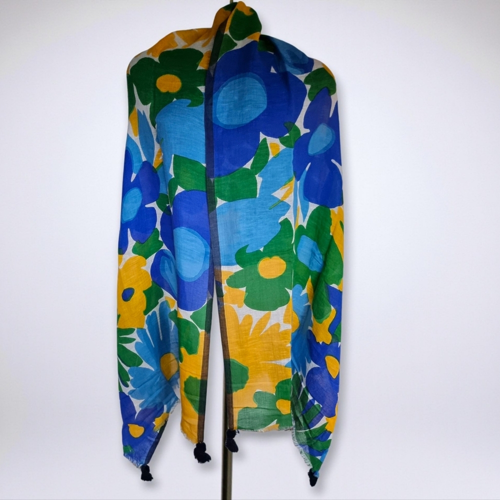 Vibrant Floral Large Shawl With Tassels Blue Green and Yellow Design